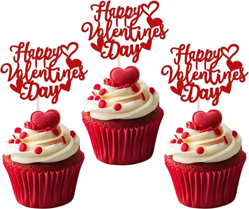 Vista 25 de Paquete de 24 adornos para cupcakes con purpurina en forma de corazón con temática de amor dulce, decoración de pasteles para el día de San
