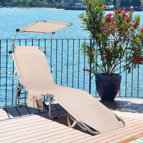 Vista 2 de Goplus Silla bronceadora, silla de playa plegable con toldo de 360°, bolsillo lateral, tumbona ajustable de 5 posiciones para exteriores, para Beige