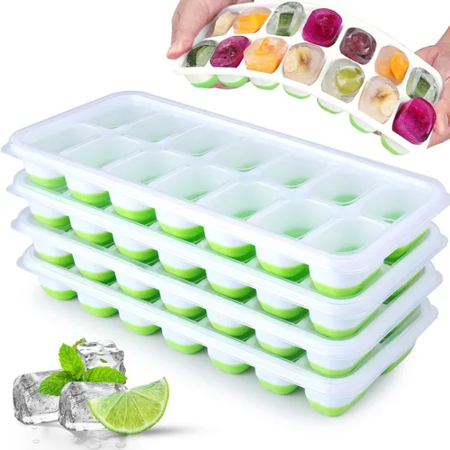 Vista 10 de Paquete de 4 bandejas para cubitos de hielo, fáciles de liberar y flexibles, bandejas de silicona para cubitos de hielo de 56 piezas con tapa