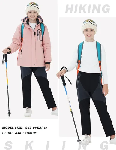 Vista 7 de MoFiz Pantalones de esquí con forro polar y cintura elástica para niños, impermeables, con bolsillo con cremallera