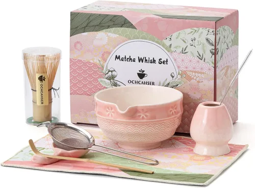 Vista 10 de Juego de té Matcha, kit japonés de 8 piezas con cuenco cerámico de diseño de flores de cerezo y olas, batidor de bambú, soporte para batidor