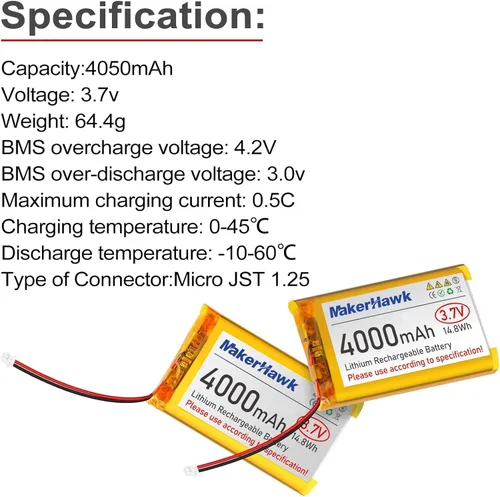 Vista 3 de MakerHawk Batería LiPo de 3.7V 4000mAh recargable 1S 3C Batería de polímero de litio con placa de protección cinta de goma aislada, enchufe micro