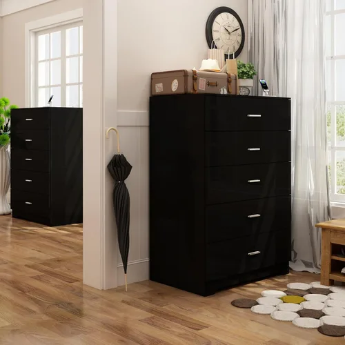Vista 2 de GEPELCN Cómoda para dormitorio con tomas de corriente, cómoda de madera con 5 cajones con gran espacio de almacenamiento, cómoda negra con riel