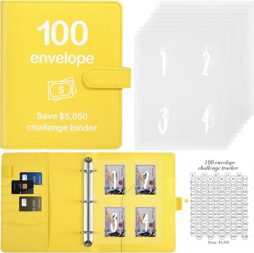 Vista 17 de Carpeta de Desafío de Dinero con 100 Sobres y Rastreador Laminado, Carpeta de Presupuesto con Sobres de Efectivo, Libro de Ahorros con Cremallera