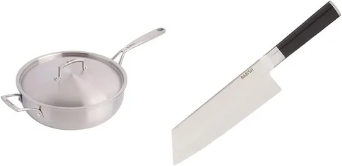 Vista 10 de Babish Sartén de acero inoxidable de tres capas de grado profesional con tapa, 5 cuartos de galón y cubiertos de acero alemán de alto carbono