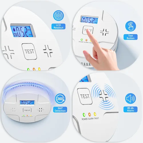 Vista 6 de 2 en 1, alarma combinada de humo y monóxido de carbono, detecta CO, alerta de 85 dB, lectura digital LCD, con 3 pilas AA de 1.5 V, advertencia