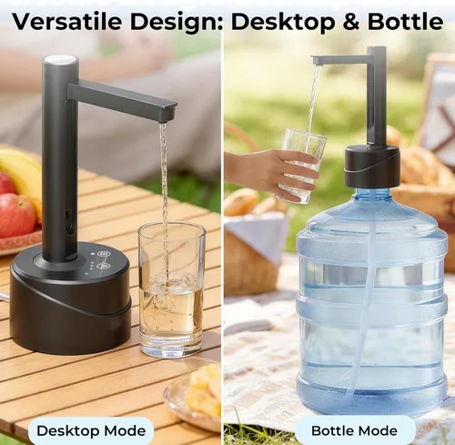 Vista 2 de Latedaux - Dispensador de botellas de agua eléctrica de escritorio de doble uso, de 5 galones, carga USB tipo C, bomba automática de botella de agua