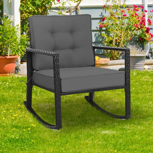 Vista 5 de DORTALA Silla mecedora de ratán, 2 piezas, silla de mimbre para exteriores con marco de acero resistente, asiento de muebles de mimbre para patio