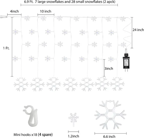 Vista 4 de Minetom Luces de carámbano de copo de nieve de Navidad para exteriores, enchufables, 7 pies, 70 gotas, 70 luces LED de copo de nieve, conectables