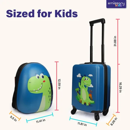 Vista 2 de Emissary Juego de equipaje para niños - Maletas de mano con ruedas para niños y niñas, Dinosaurio, Dinosaurio verde