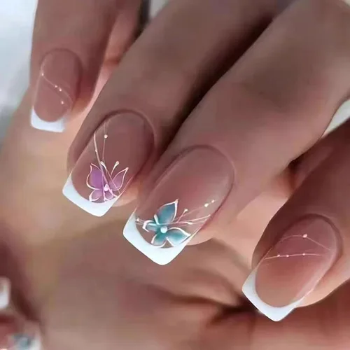 Vista 28 de Uñas postizas a presión de mariposa - Uñas falsas cortas cuadradas con diseños en relieve 3D, punta francesa blanca, acabado mate, acrílico rosa