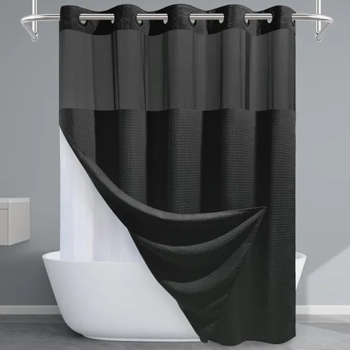 EUTXL Cortina de ducha larga sin gancho con forro a presión, 230 GSM, tejido de punto gofre, 71 pulgadas de ancho x 74 pulgadas de alto, negro