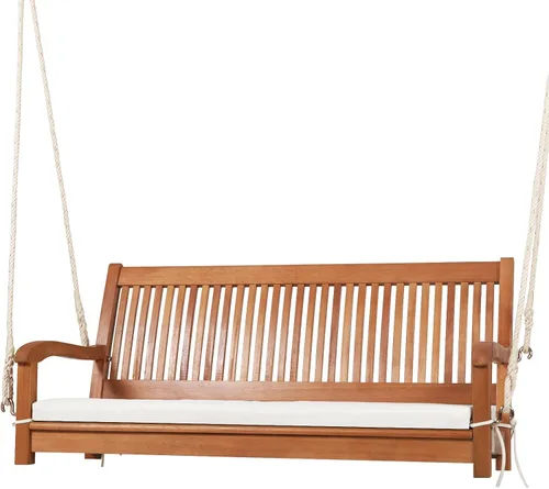 Happygrill Columpio colgante de madera de 2 asientos con cojín y cuerdas para colgar, columpio de patio al aire libre para jardín y patio trasero
