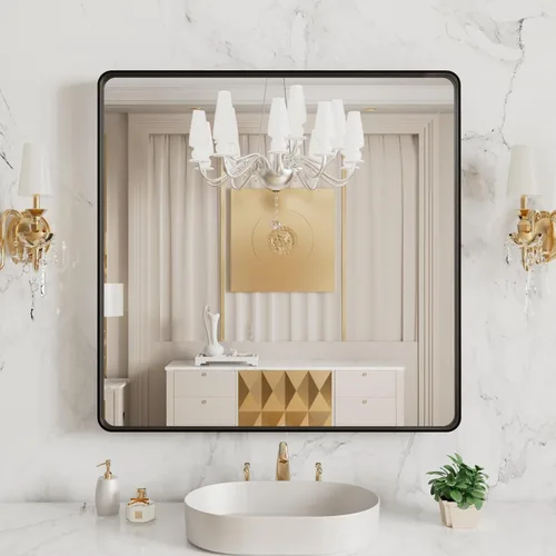 Vista 105 de LOAAO Espejo de baño dorado de 28 x 36 pulgadas, espejo rectangular redondeado con marco dorado, espejo de tocador de baño dorado cepillado montado