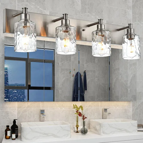 Vista 9 de BONLICHT Lámparas de baño modernas con acabado de níquel cepillado, 2 luces, aplique de pared industrial para interiores, iluminación de tocador
