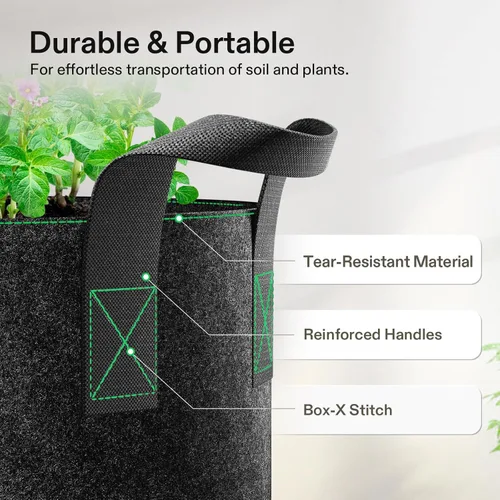Vista 4 de VIVOSUN - Paquete de 5, 1 galón, bolsas para cultivar de tela no tejida gruesa resistente con asas