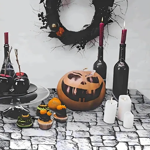 Vista 2 de Irenare Manteles de pared de piedra de Halloween, castillo medieval, suministros de decoración de fiesta, mantel desechable de plástico con piedra