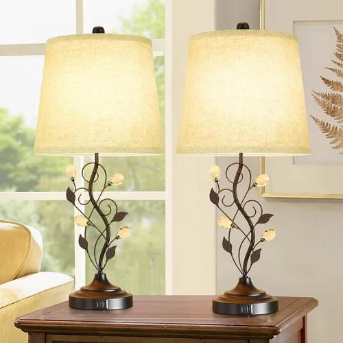 Vista 8 de Sheetea Juego de 2 lámparas de mesa estilo granja de 24.5 pulgadas, lámparas rústicas para dormitorio con 2 puertos de carga USB, pantalla de tela