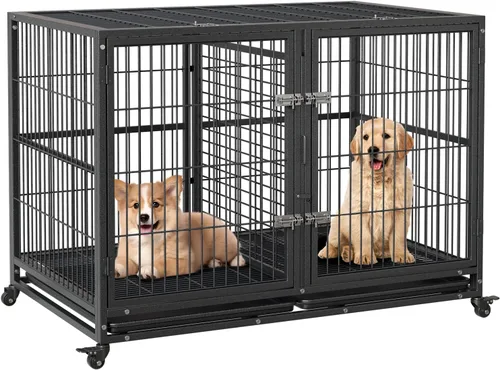 Vista 7 de Jaula resistente para perros de 52 pulgadas, doble puerta con ruedas bloqueables de 360° y bandeja extraíble, fácil de montar, jaula de metal