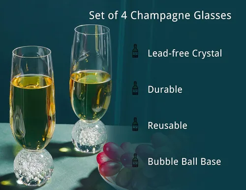 Vista 3 de Hanjue Juego de 4 copas de champán de cristal sin plomo, copas de champán transparentes de 7 onzas, ideales para regalos, fiestas, bodas, Navidad