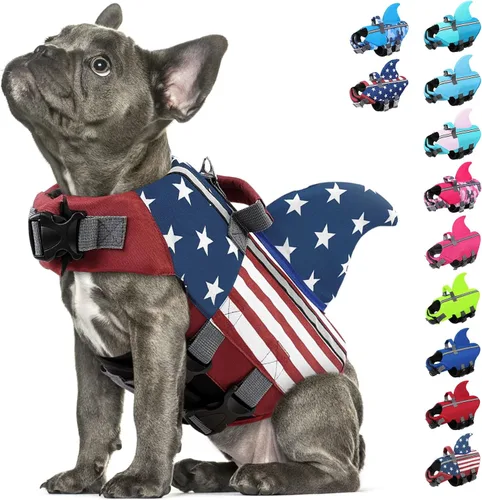 Vista 9 de Chaleco salvavidas para perros de tiburón, chaleco salvavidas ajustable con alta flotabilidad, salvavidas de seguridad con asa de rescate para Azul