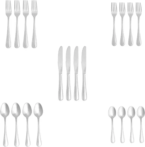 Vista 5 de Amazon Basics Juego de cubiertos, cubiertos de acero inoxidable, apto para lavavajillas, servicio para 4, 20 piezas de tenedores y cucharas, borde