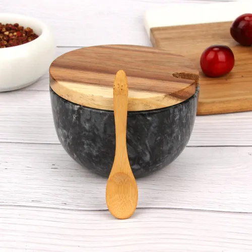 Vista 8 de Caja de sal de mármol con tapa y cuchara de madera, recipiente moderno de piedra negra para sal o pimienta, azúcar, especias y condimentos, frasco