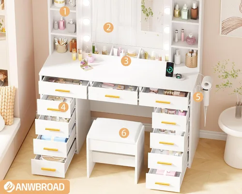 Vista 2 de Mesa de tocador de maquillaje ANWBROAD con espejo y luces, mesa de tocador blanca con toma de corriente, 11 cajones, 9 estantes, 3 modos