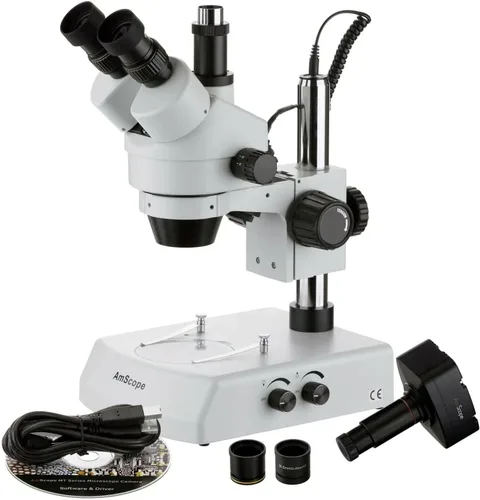 Vista 6 de AmScope SM-2TZ-DK Microscopio de zoom estéreo trinocular profesional, ocular WH10x, aumento de 3.5X-90X, objetivo de zoom 0.7X-4.5X, iluminación
