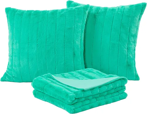 Vista 10 de Home Soft Things Manta de piel sintética de conejo (60 x 80 pulgadas) y 2 fundas de almohada (18 x 18 pulgadas), juego de 3 almohadas plateadas