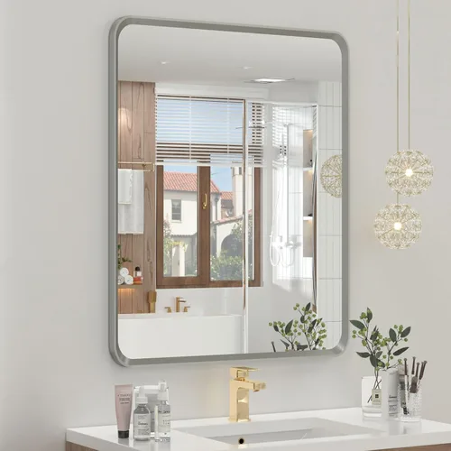 Vista 13 de OKPAL Espejo de Baño con Marco de Metal Negro de 40 x 36 Pulgadas para Pared, Espejo de Tocador de Baño Negro Mate, Espejo Rectangular Redondeado