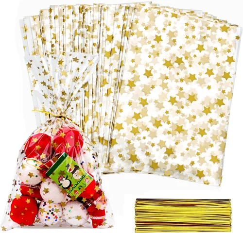Vista 24 de 100 bolsas de celofán, bolsas de celofán transparente impresas con estrellas doradas de 3 x 5 pulgadas, 100 lazos giratorios, para envolver regalos