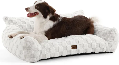 Vista 18 de Made4Pets Cama Sofá para Perros, Suave Sofá Interior para Mascotas de Piel Sintética a Cuadros, Cómodo Sofá Esponjoso para Perros con Espuma