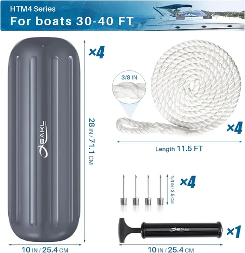 Vista 2 de Juego de 4 parachoques para botes acanalados con orificio central, de 10 x 28 pulgadas, para atraque, viene con cuerdas y bomba para inflar