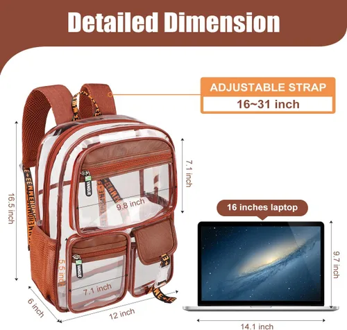 Vista 3 de Vangue Mochila transparente de TPU aprobada para estadios, resistente y con correas acolchadas para eventos deportivos universitarios, Marrón, Bolsa