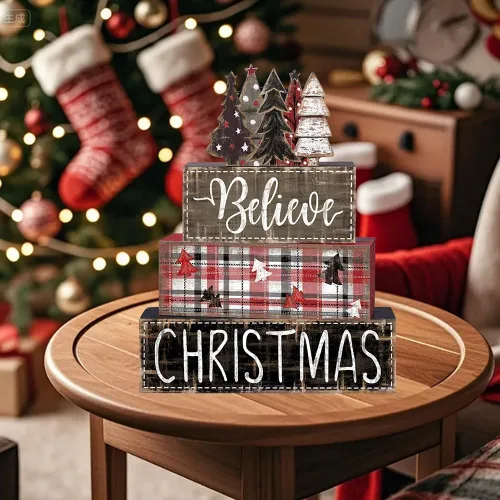 Vista 7 de DIYDEC 4 piezas de decoración de mesa de Navidad, árbol de Navidad, letrero de bloque de madera, decoración de bandeja escalonada de Navidad, pieza