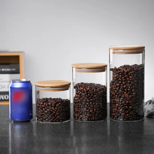 Vista 5 de MOLFUJ Contenedor de almacenamiento de vidrio de 18.6 fl oz / 18 onzas líquidas con tapa de madera, organizador decorativo transparente apilable