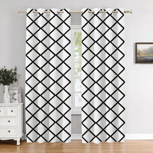 Vista 191 de Cortinas opacas de poliéster multicapa para cafetería, con diseño de diamantes, 2 unidades, 26 x 24 pulgadas