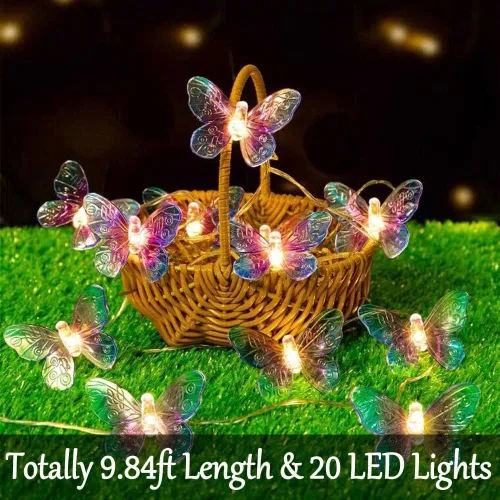Vista 3 de Fielegen - Tira de 20 luces LED de mariposas, 3 metros/9.84 pies, luces de hadas de mariposas moradas a pilas para decoración de casa, dormitorio