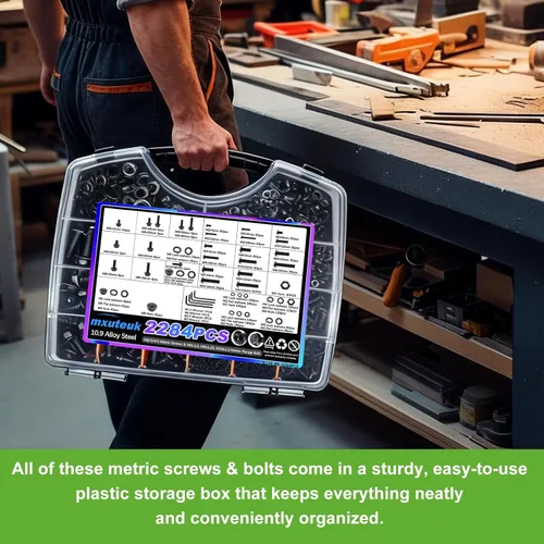 Vista 6 de mxuteuk Juego de tornillos métricos y pernos de brida, kit surtido de tuercas y pernos M2/M3/M4/M5/M6/M8/M10, tornillos de máquina de acero