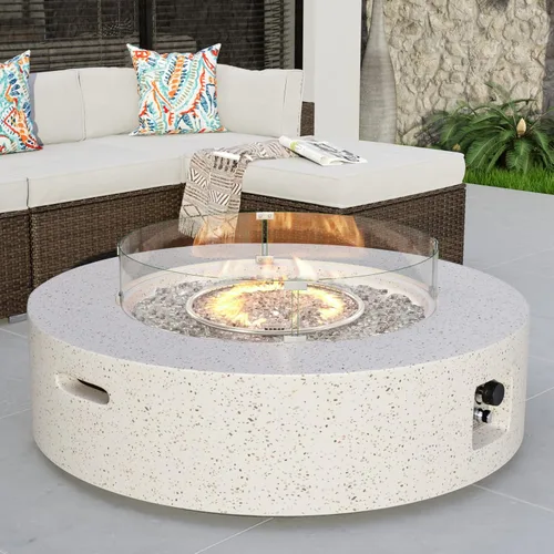 Vista 9 de COSIEST mesa de café con fogata a propano para exteriores con base redonda de 40.5 pulgadas de terrazo blanco, patio calefactor, certificada