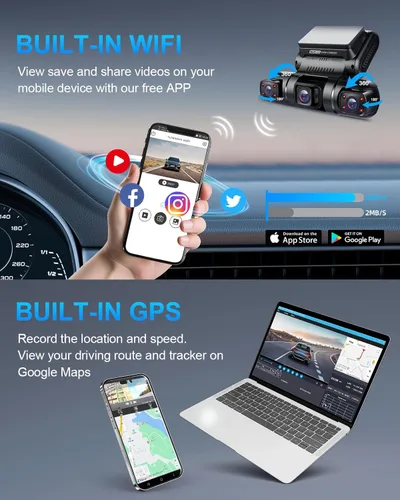 Vista 7 de PRUVEEO - Cámara de salpicadero de 360 grados de vista, 4 canales delantera, trasera, izquierda y derecha, cámara de tablero para autos, GPS WiFi
