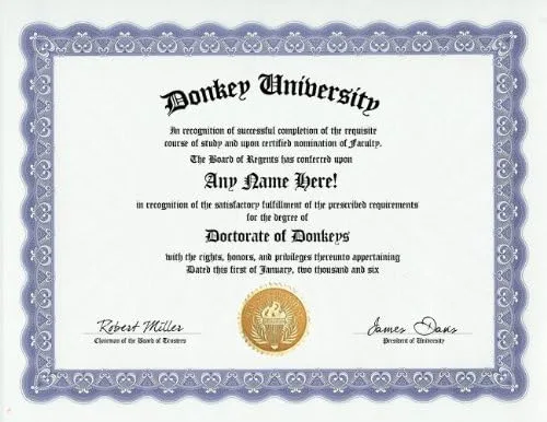 Grado de burro: certificado de doctorado de diploma de mordaza personalizado (regalo divertido de broma personalizada - artículo novedoso)