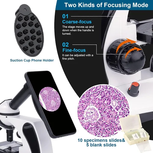 Vista 5 de BEBANG - Microscopio monocular para adultos y estudiantes, aumento de 40X-2000X, microscopios duales LED para principiantes y niños con kits