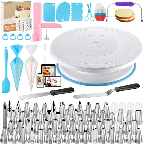 Vista 8 de Kootek 96 piezas Kit de decoración de pasteles, herramientas de suministros de horneado con soporte giratorio para pasteles, bolsas de tubería