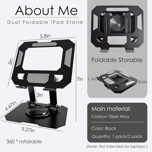 Vista 2 de Soporte de tableta para iPad, soporte de escritorio giratorio de 360°, soporte de escritorio plegable ajustable de acero al carbono, para iPad Pro