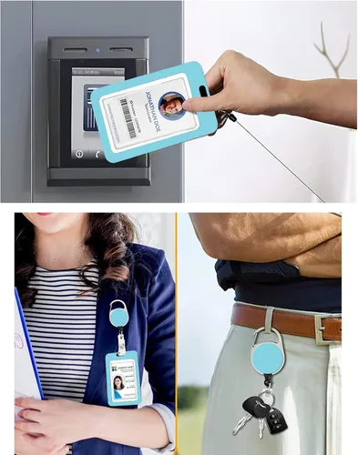 Vista 128 de Portatarjetas blanco con cordón para tarjetas de identificación, carrete retráctil negro con clip de mosquetón, tarjetero de identificación