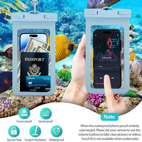 Vista 6 de Bolsa impermeable para teléfono móvil, color azul, adecuada para varios modelos de iPhone, excelente calidad sin afectar el control táctil