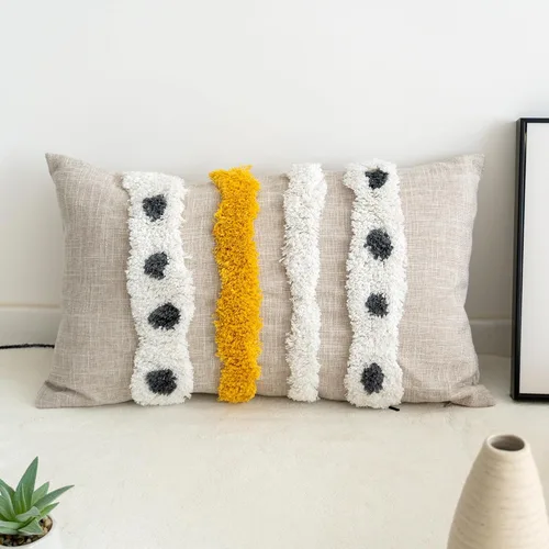 Vista 8 de Funda de cojín lumbar bohemia copetuda con rayas tejidas a mano, funda de cojín decorativa simple de lino y algodón para sofá (1 unidad