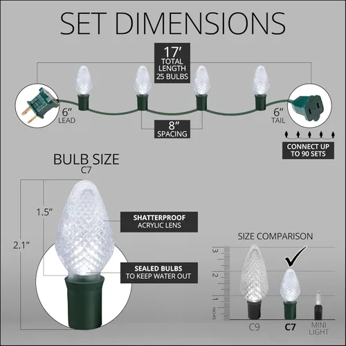 Vista 4 de Wintergreen Lighting C7 - Luces LED de Navidad blancas frías, juego de luces de cadena de 17 pies con 25 bombillas, decoración navideña